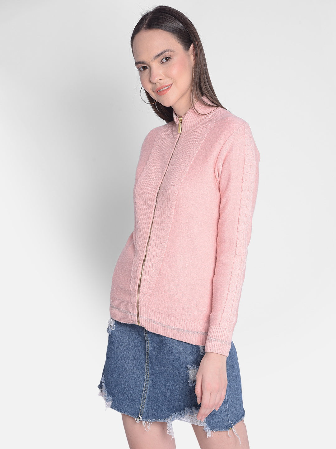 Peach Self Design Sweater-Women Sweaters-Crimsoune Club