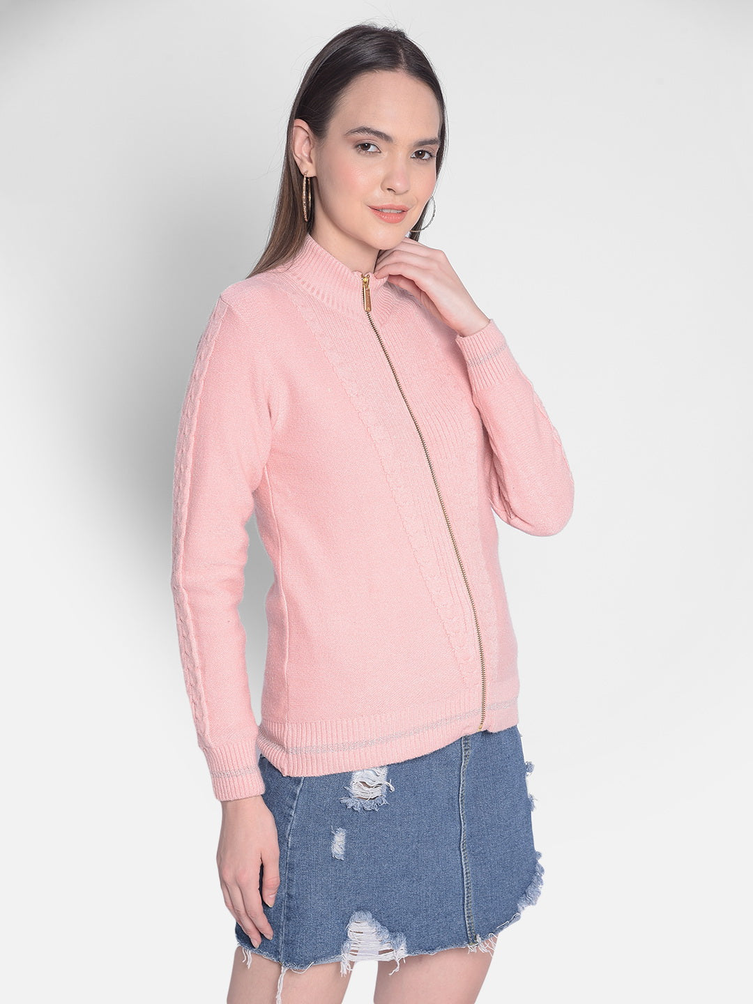 Peach Self Design Sweater-Women Sweaters-Crimsoune Club