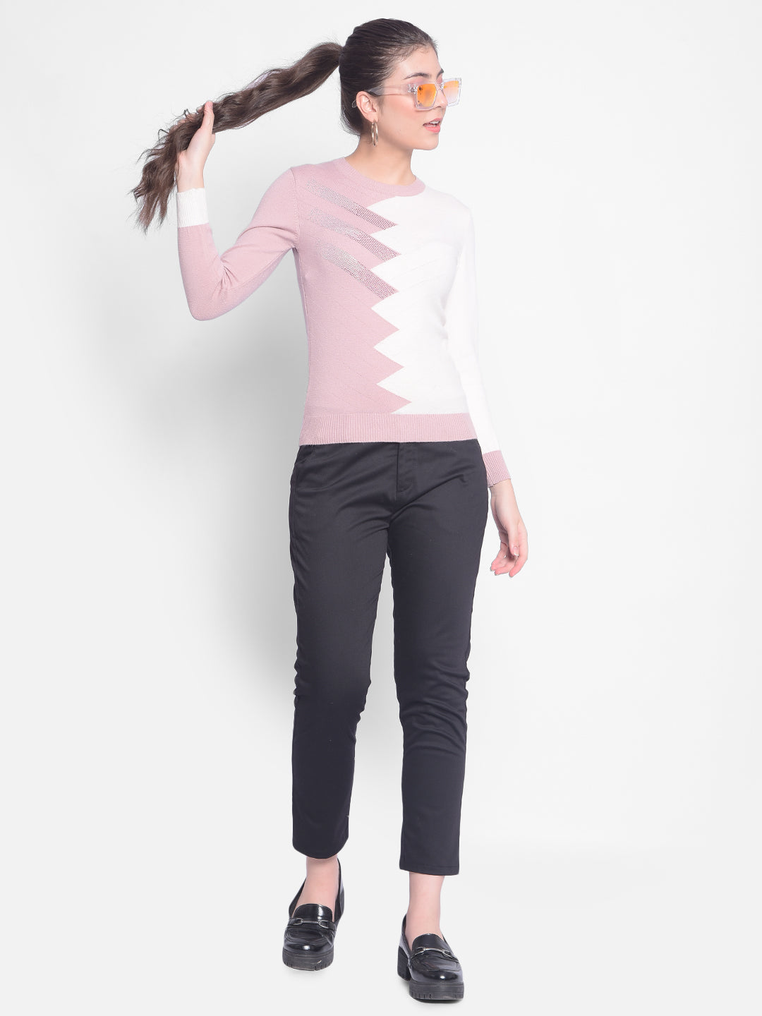 Pink Colourblock Sweater-Women Sweaters-Crimsoune Club