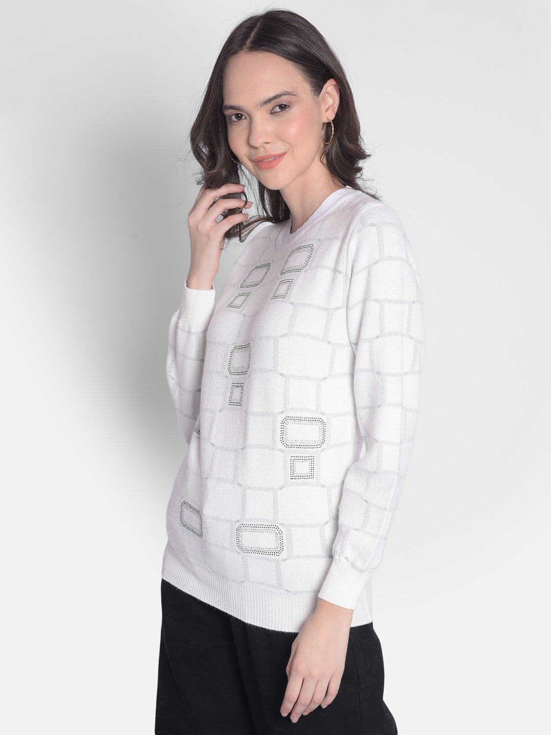 White Printed Sweater-Women Sweaters-Crimsoune Club