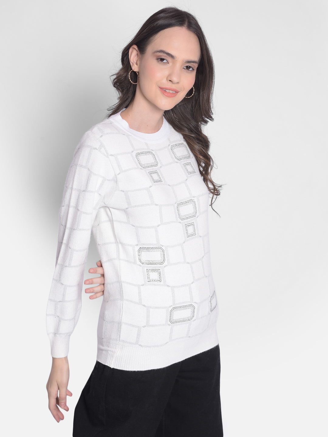 White Printed Sweater-Women Sweaters-Crimsoune Club