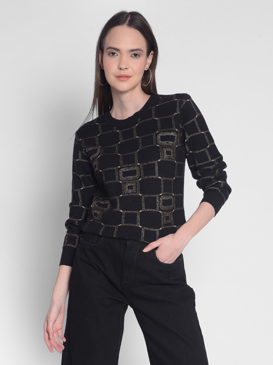 Black Printed Sweater-Women Sweaters-Crimsoune Club