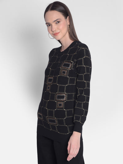 Black Printed Sweater-Women Sweaters-Crimsoune Club