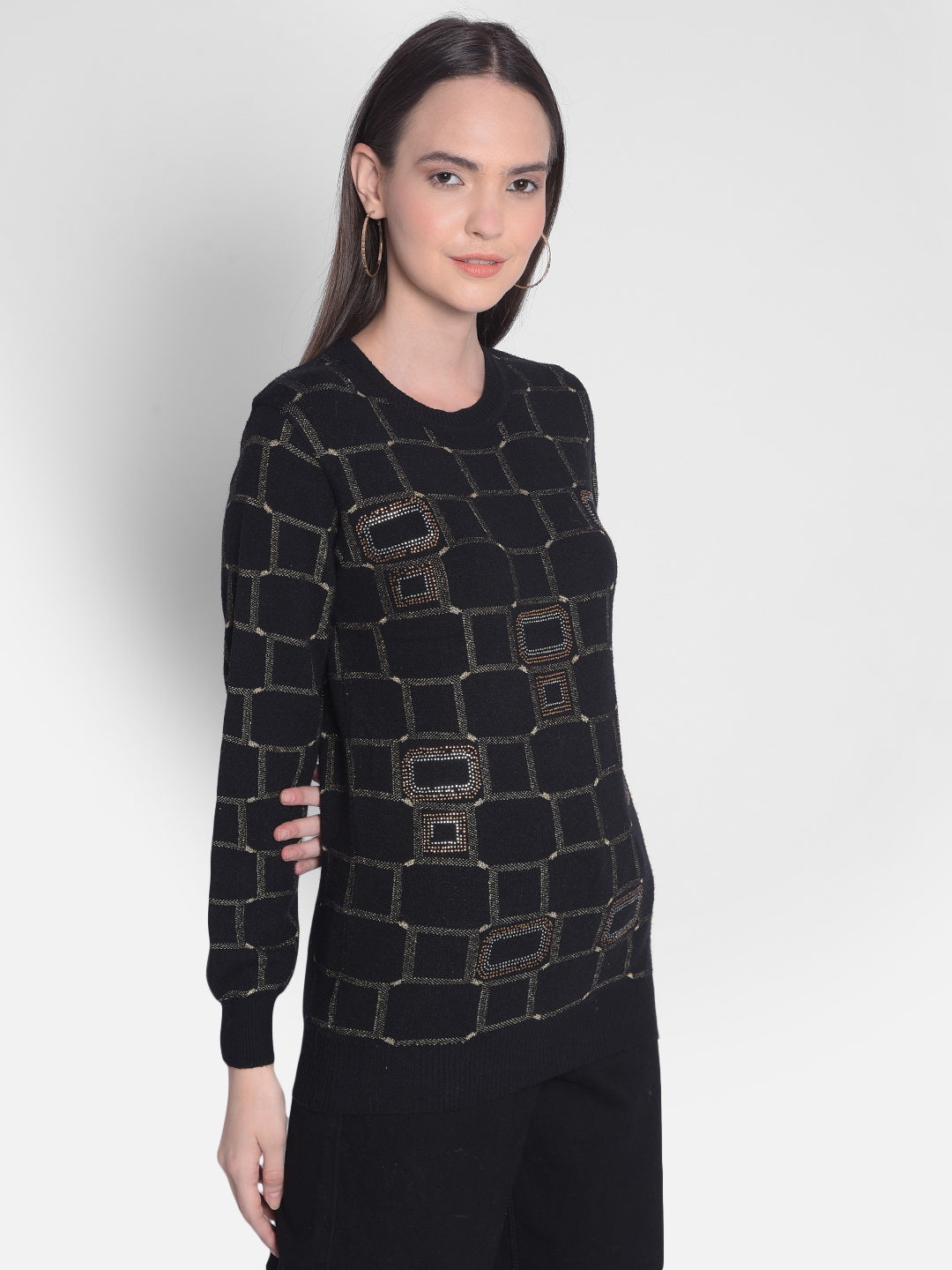 Black Printed Sweater-Women Sweaters-Crimsoune Club