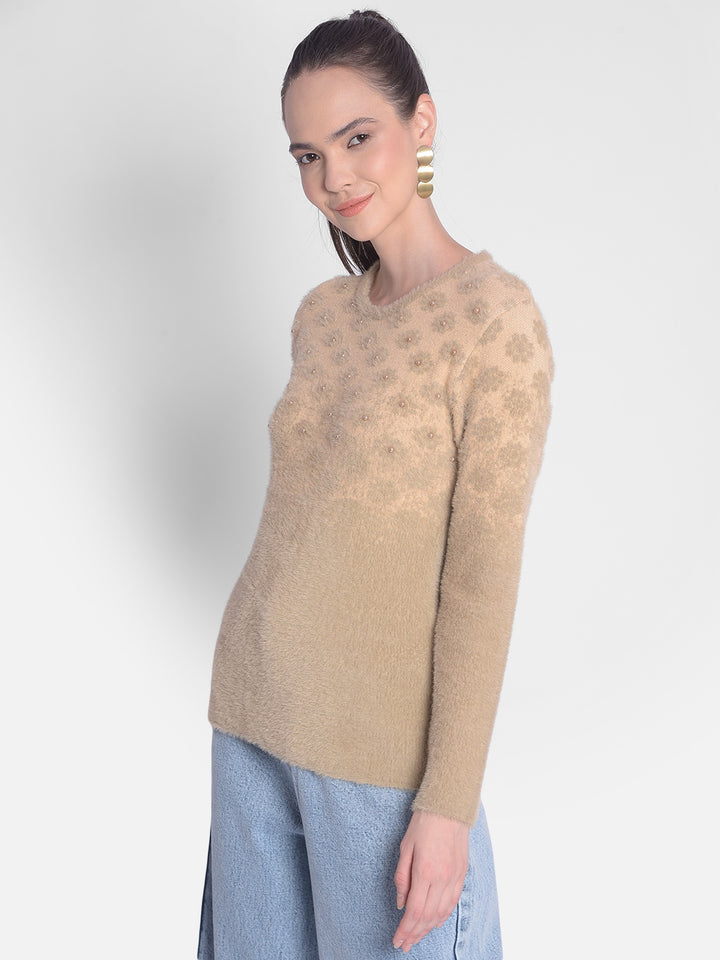 Beige Printed Sweater-Women Sweaters-Crimsoune Club