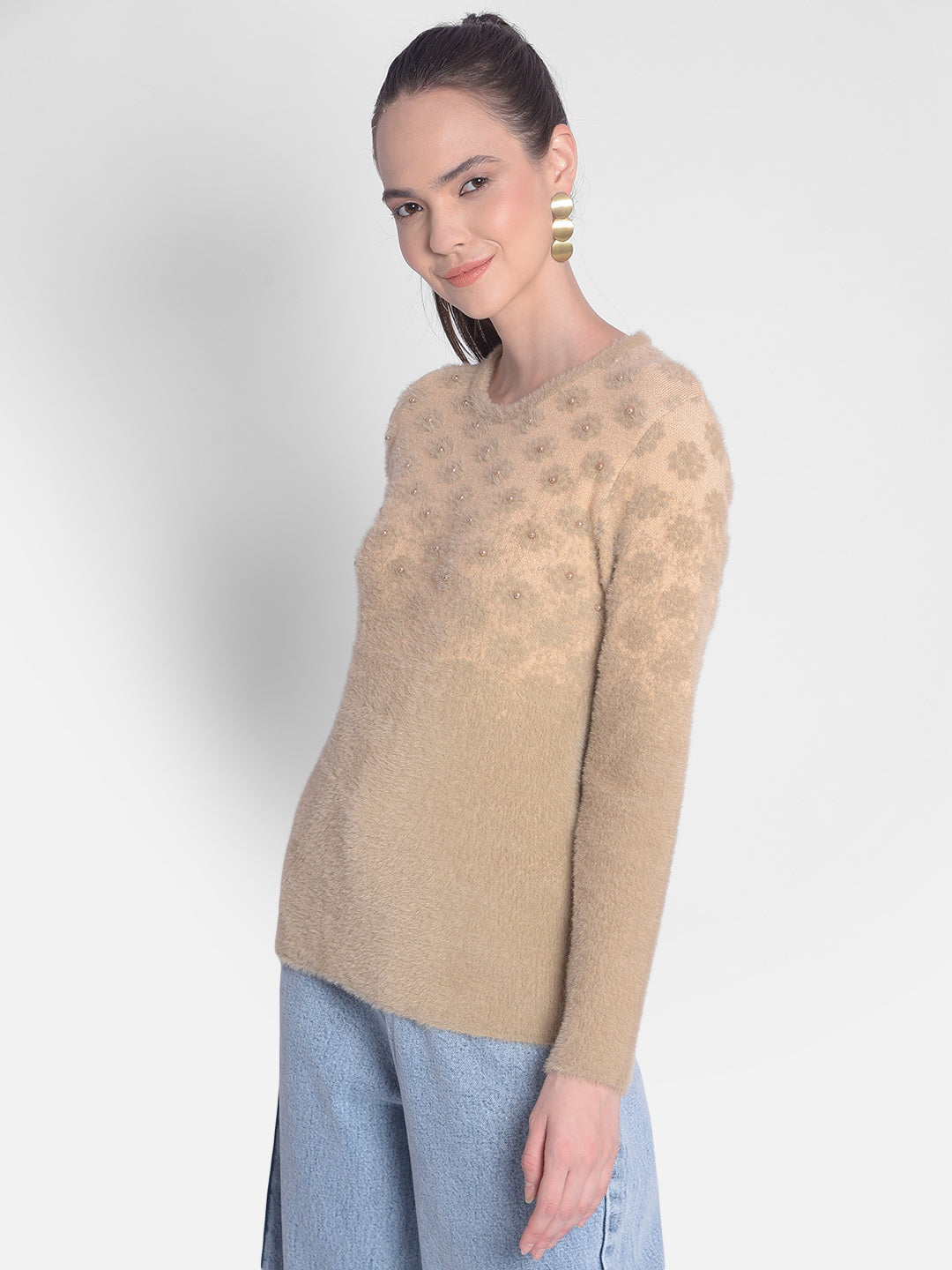 Beige Printed Sweater-Women Sweaters-Crimsoune Club