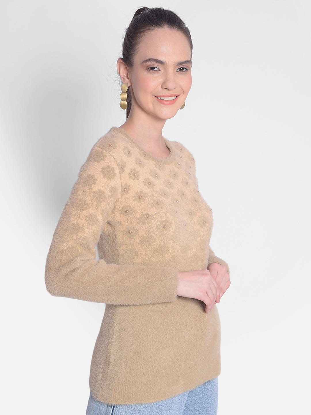 Beige Printed Sweater-Women Sweaters-Crimsoune Club