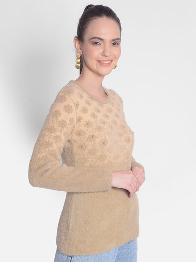Beige Printed Sweater-Women Sweaters-Crimsoune Club