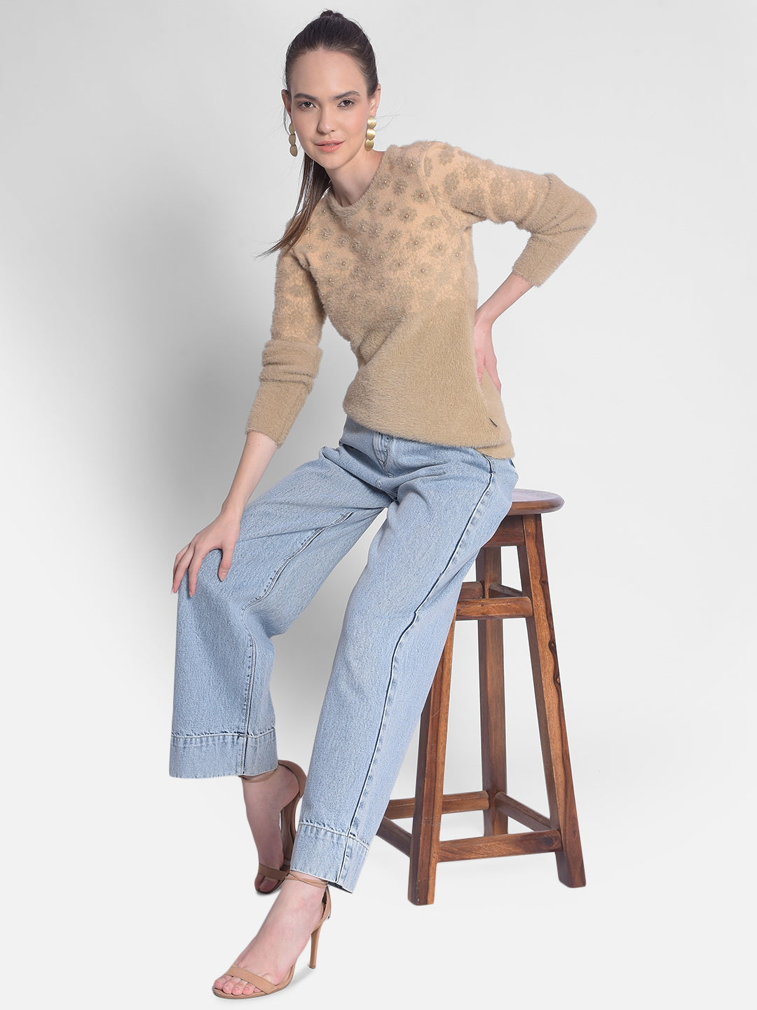 Beige Printed Sweater-Women Sweaters-Crimsoune Club