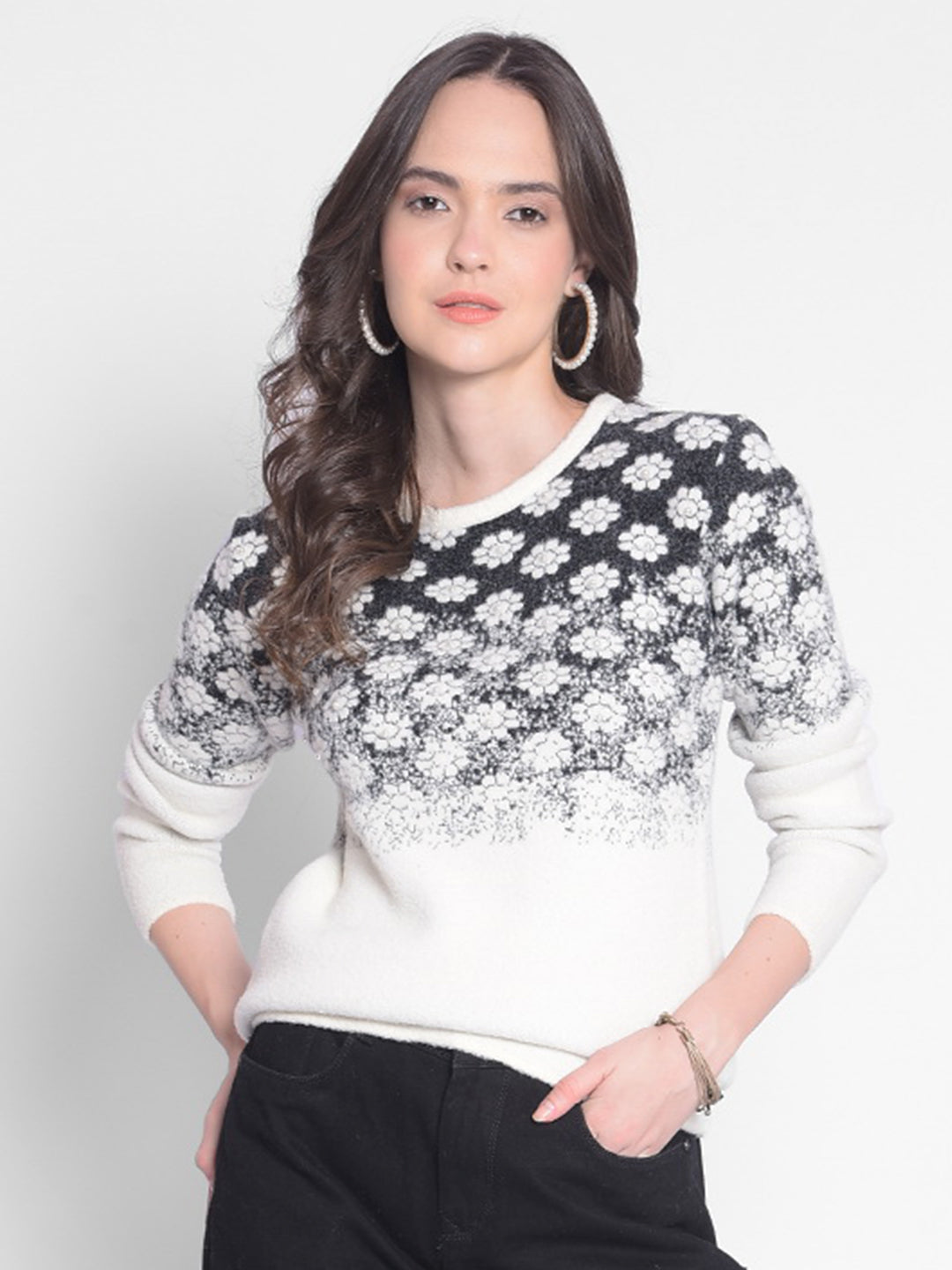 White Printed Sweater-Women Sweaters-Crimsoune Club