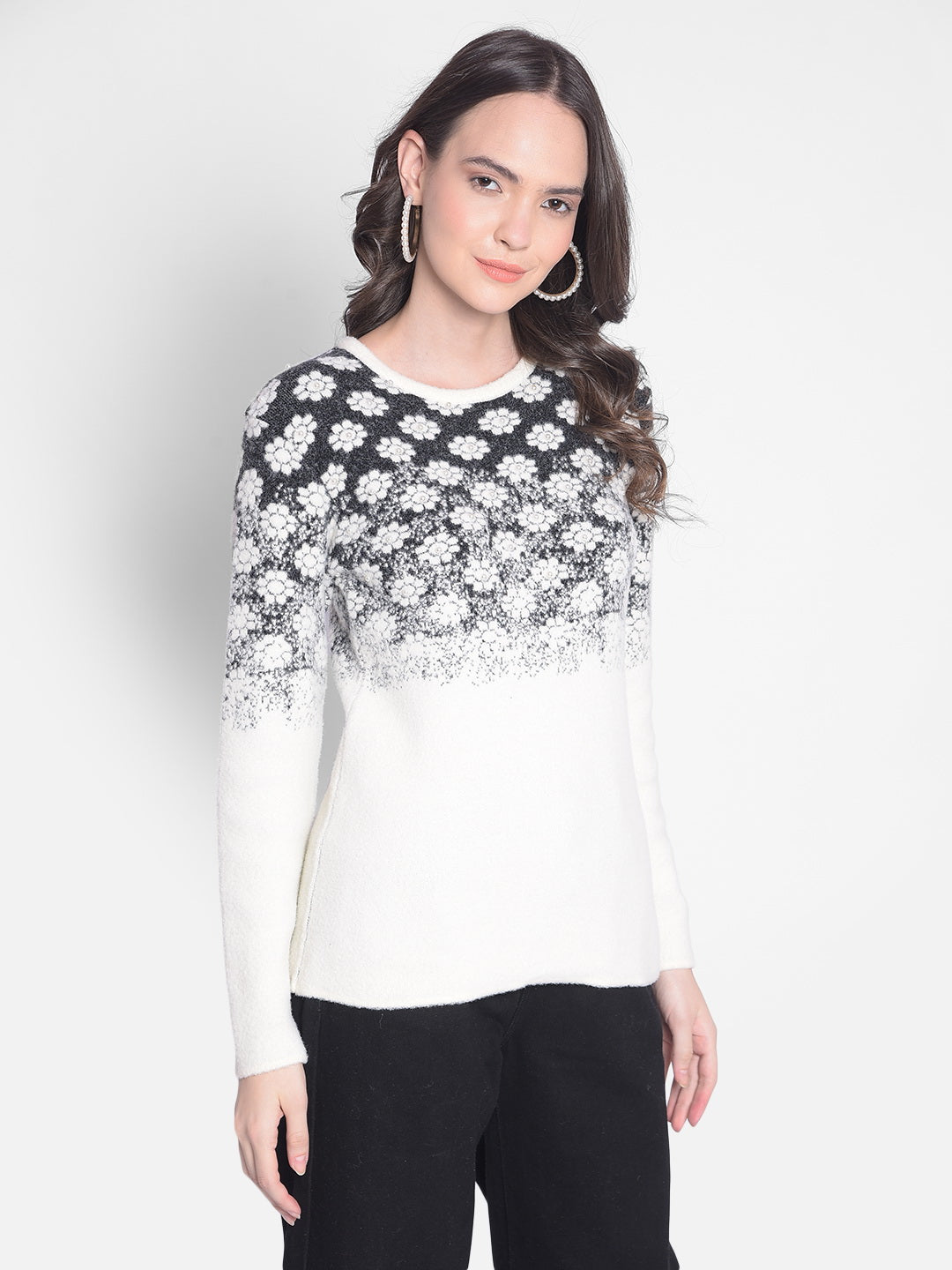 White Printed Sweater-Women Sweaters-Crimsoune Club