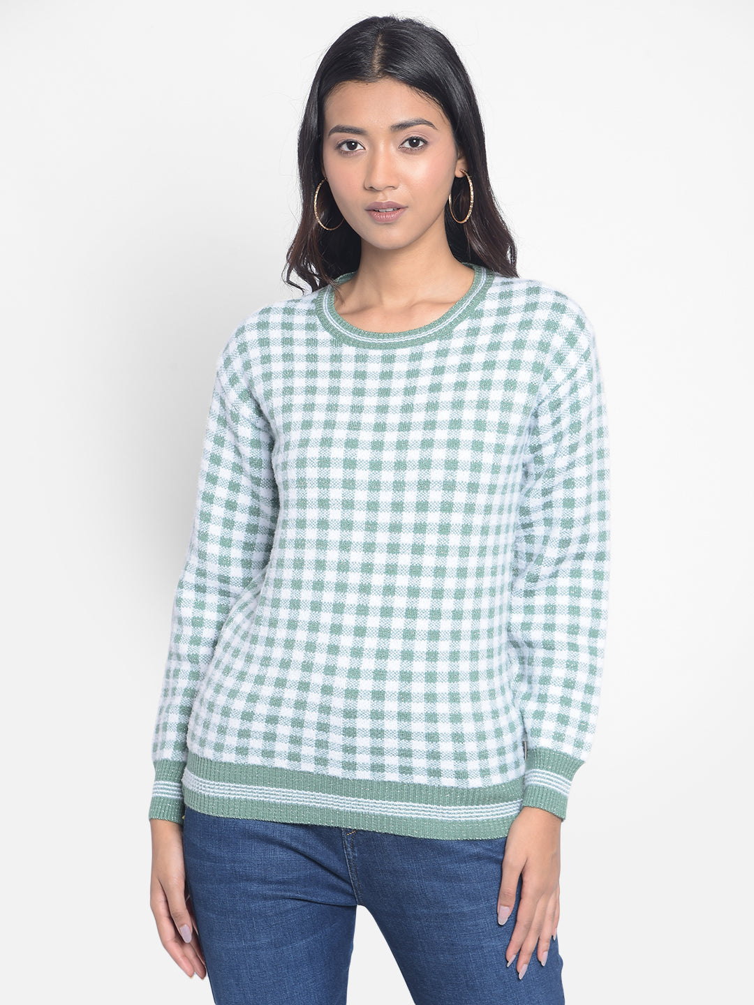 Green Checked Sweaters-Women Sweaters-Crimsoune Club