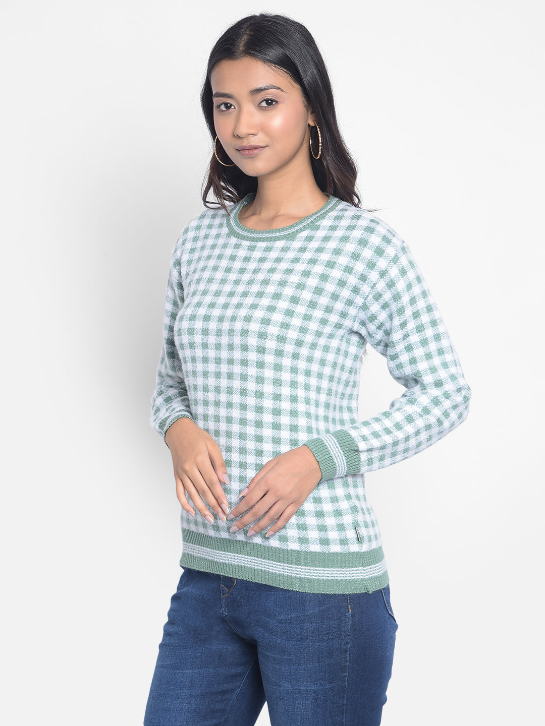 Green Checked Sweaters-Women Sweaters-Crimsoune Club