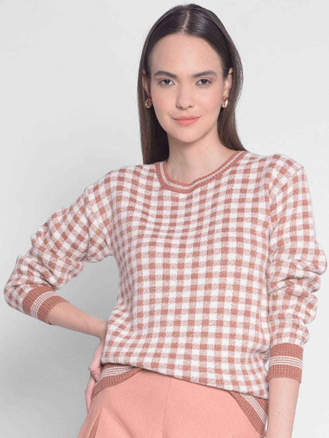 Peach Checked Sweater-Women Sweaters-Crimsoune Club