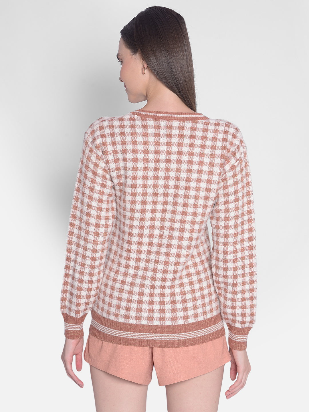 Peach Checked Sweater-Women Sweaters-Crimsoune Club