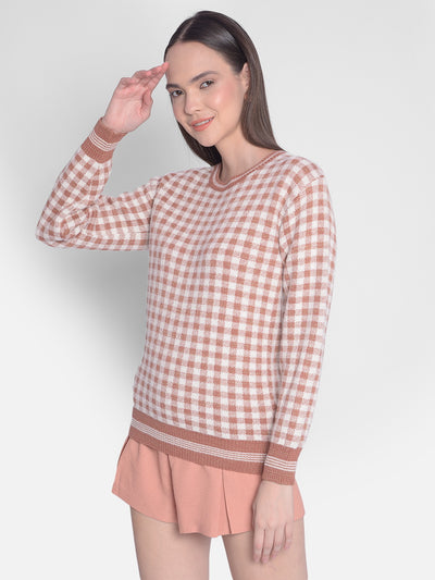 Peach Checked Sweater-Women Sweaters-Crimsoune Club