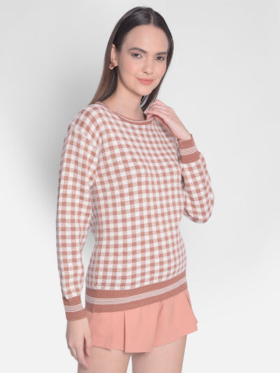 Peach Checked Sweater-Women Sweaters-Crimsoune Club