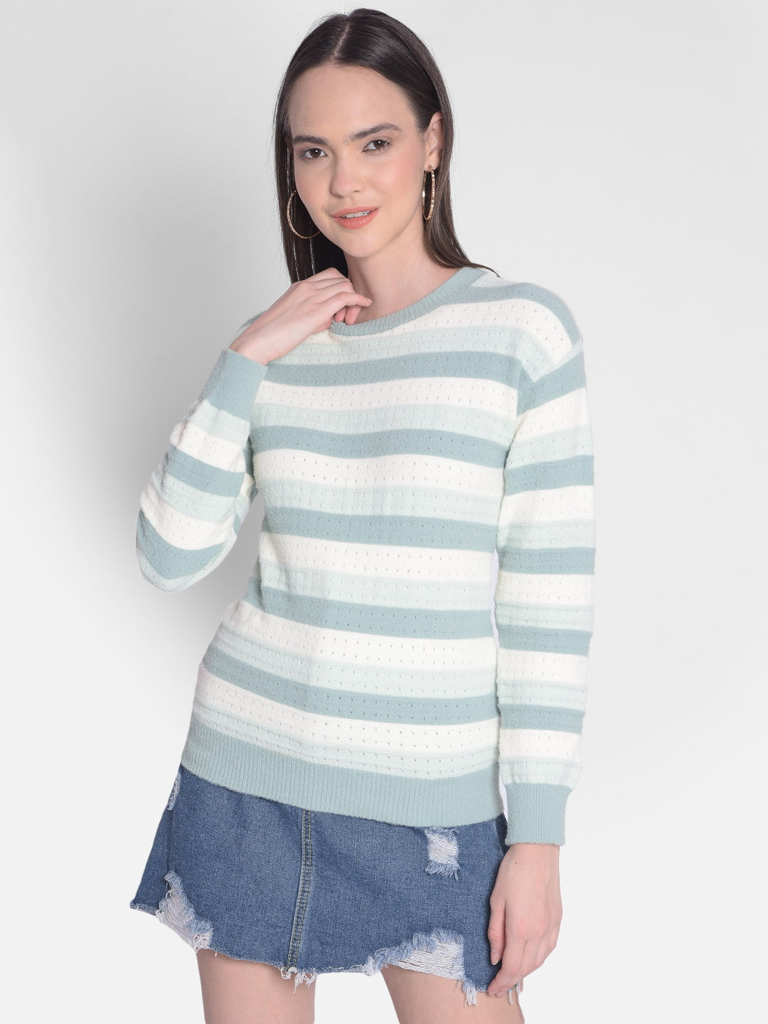 Green Striped Sweater-Women Sweaters-Crimsoune Club