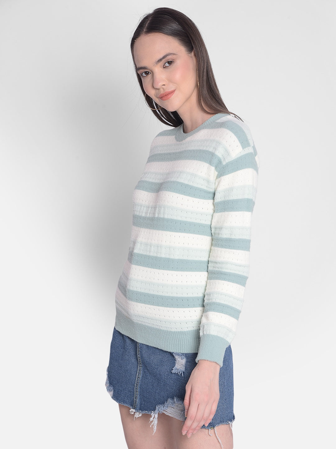 Green Striped Sweater-Women Sweaters-Crimsoune Club