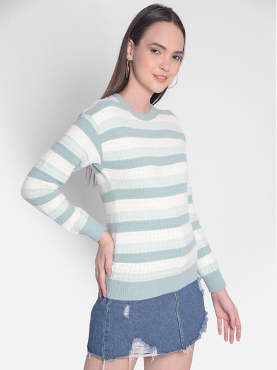 Green Striped Sweater-Women Sweaters-Crimsoune Club
