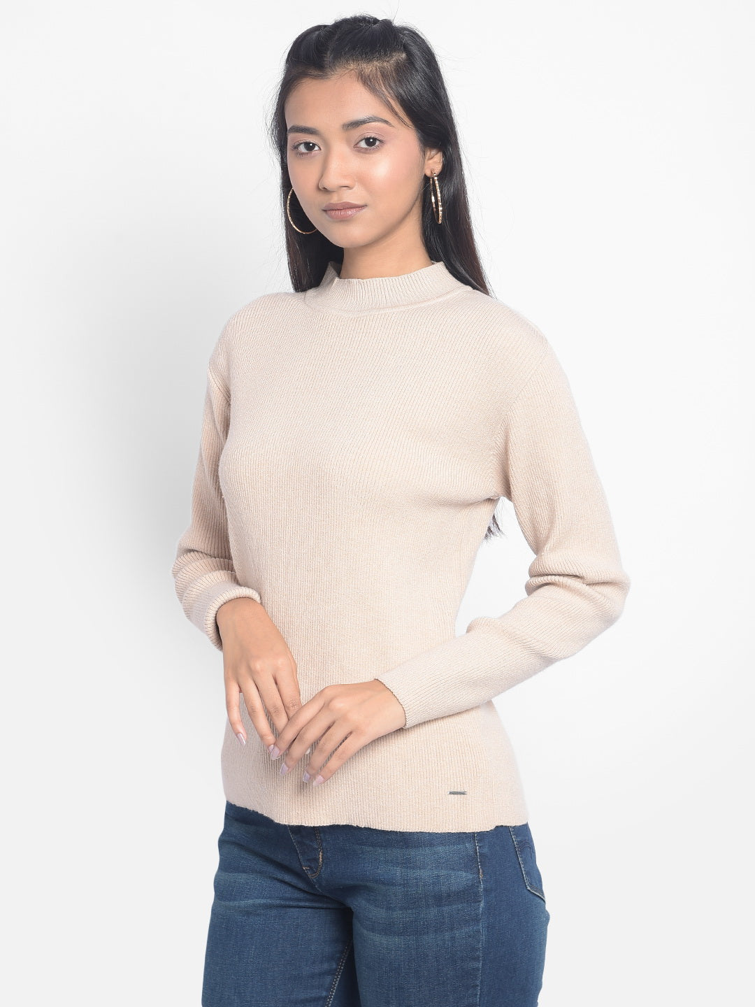 Beige High-Neck Sweaters-Women Sweaters-Crimsoune Club