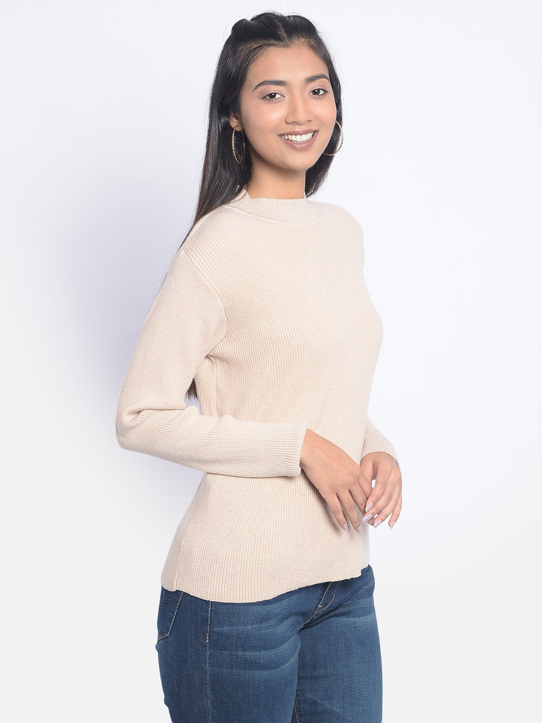Beige High-Neck Sweaters-Women Sweaters-Crimsoune Club