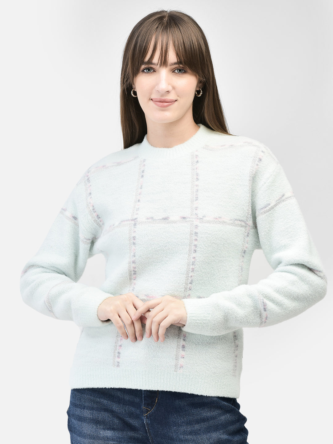 Mint-Green Checked Sweater-Women Sweaters-Crimsoune Club