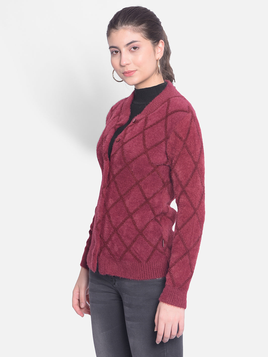 Wine Printed Cardigan-Women Sweaters-Crimsoune Club