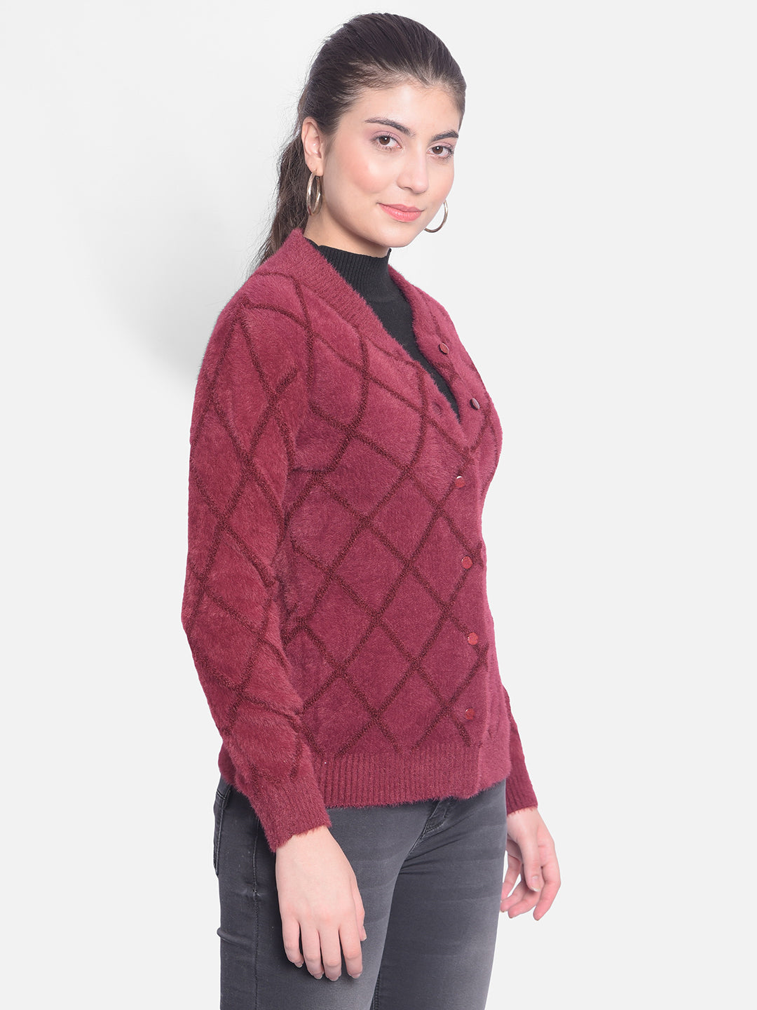 Wine Printed Cardigan-Women Sweaters-Crimsoune Club