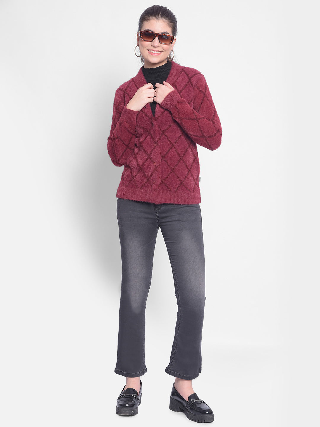 Wine Printed Cardigan-Women Sweaters-Crimsoune Club