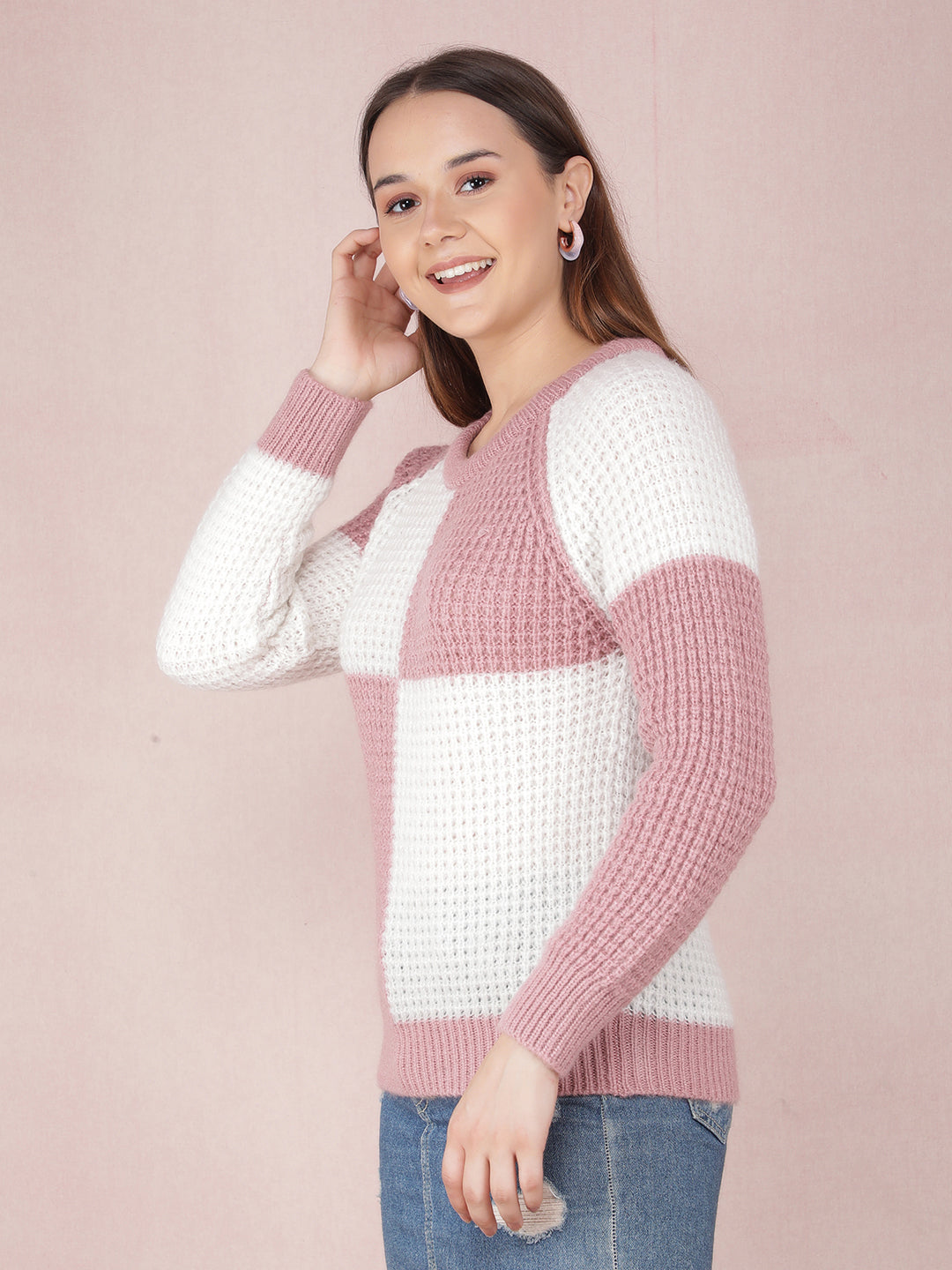 Pink Color-Blocked Sweater-Women Sweaters-Crimsoune Club