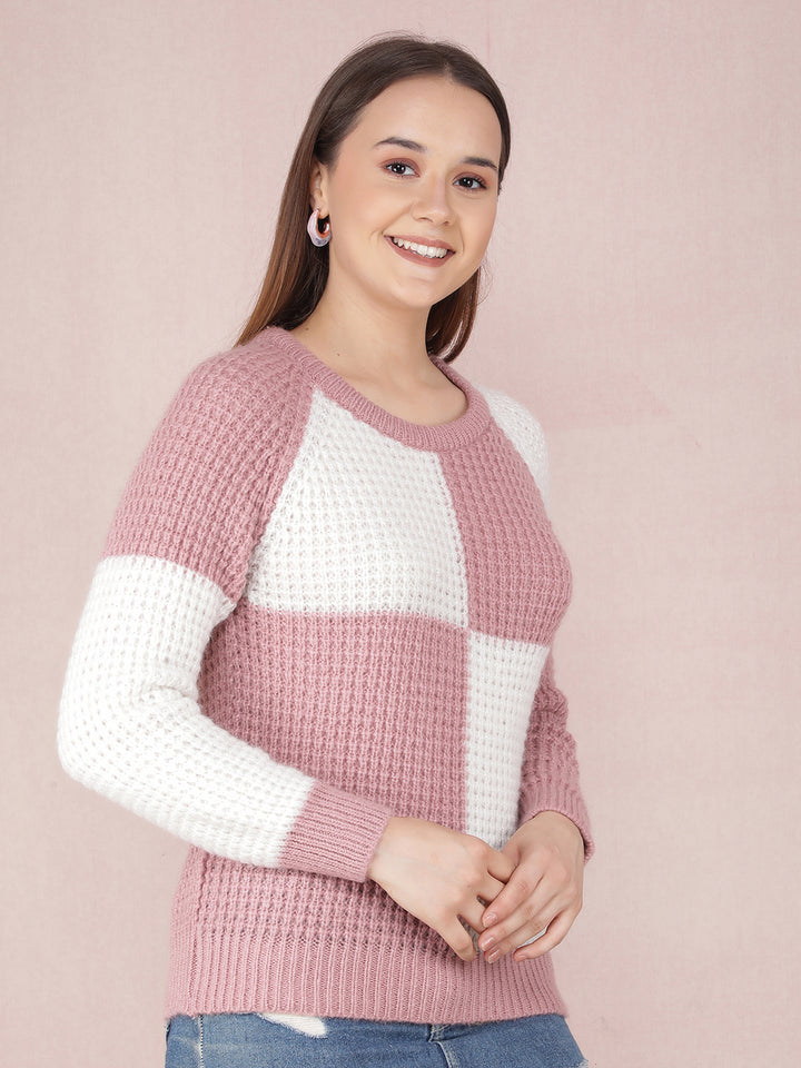 Pink Color-Blocked Sweater-Women Sweaters-Crimsoune Club