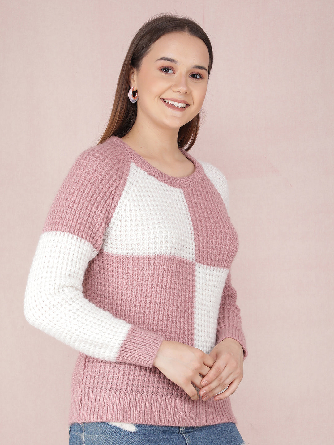 Pink Color-Blocked Sweater-Women Sweaters-Crimsoune Club