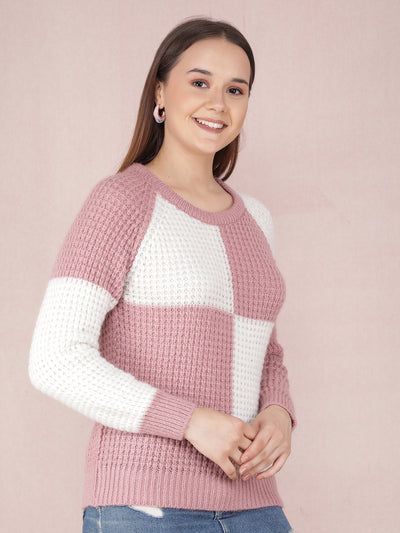 Pink Color-Blocked Sweater-Women Sweaters-Crimsoune Club