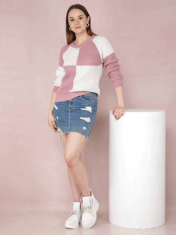 Pink Color-Blocked Sweater-Women Sweaters-Crimsoune Club