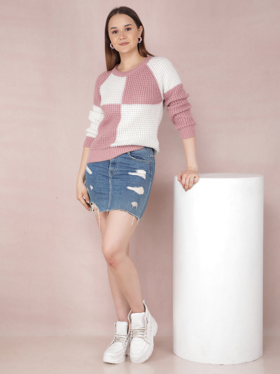 Pink Color-Blocked Sweater-Women Sweaters-Crimsoune Club