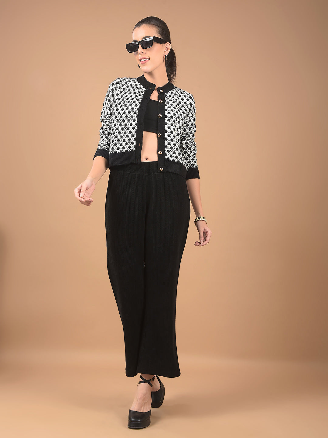 Black Jacquard Waist Length Cardigan-Women Cardigans-Crimsoune Club