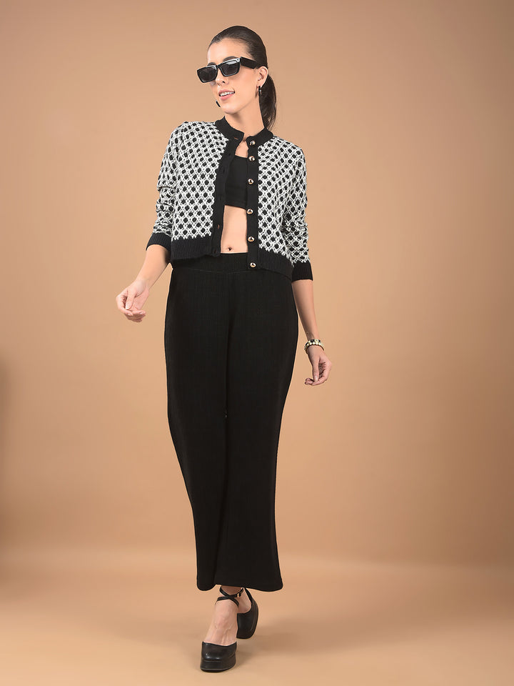 Black Jacquard Waist Length Cardigan-Women Cardigans-Crimsoune Club