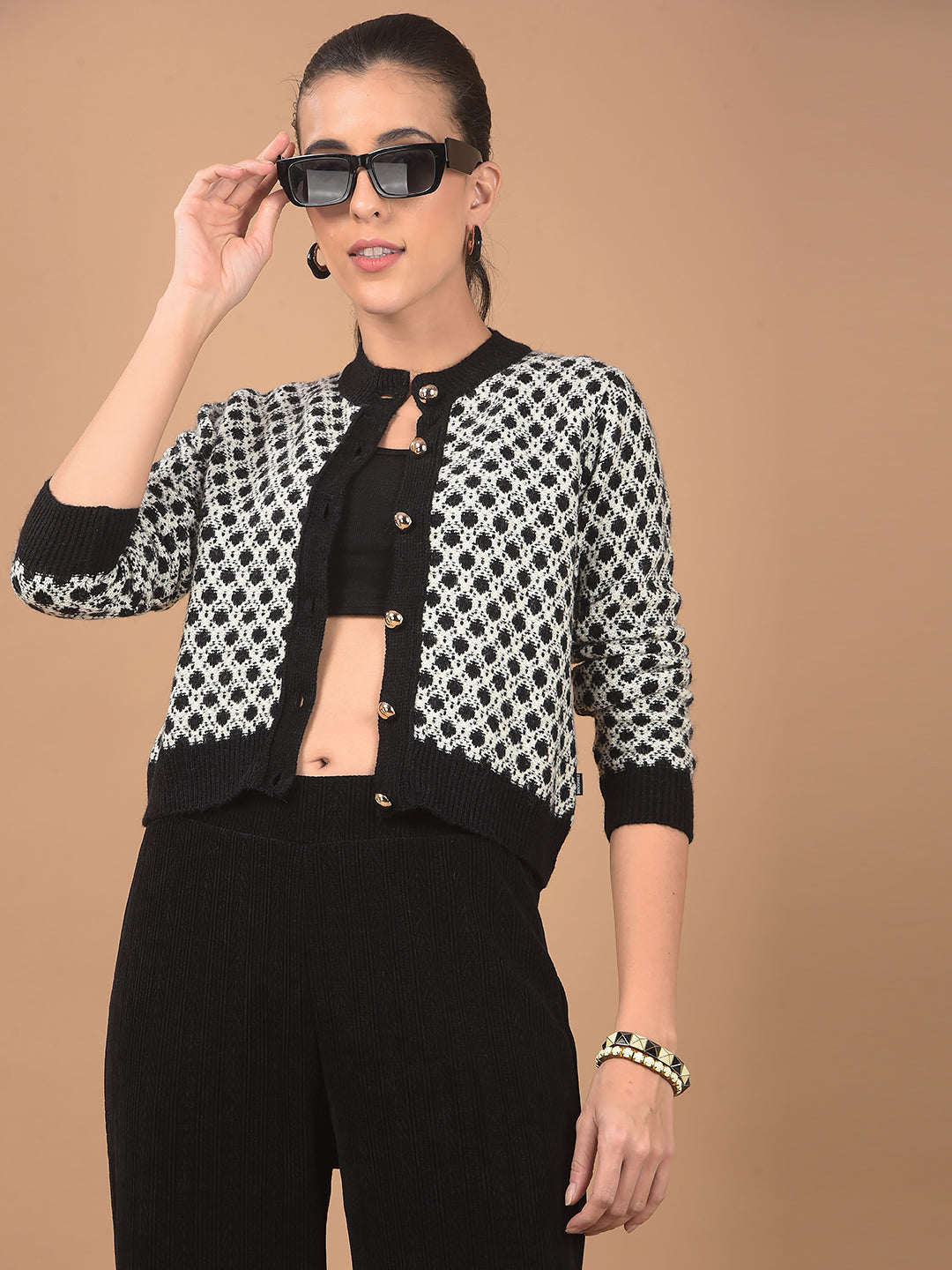 Black Jacquard Waist Length Cardigan-Women Cardigans-Crimsoune Club