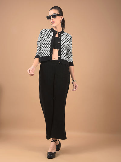 Black Jacquard Waist Length Cardigan-Women Cardigans-Crimsoune Club