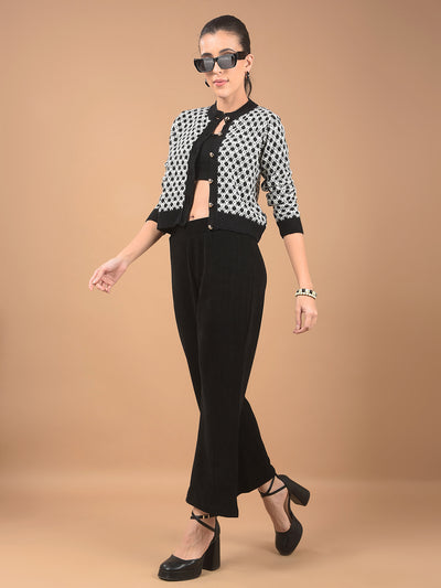 Black Jacquard Waist Length Cardigan-Women Cardigans-Crimsoune Club