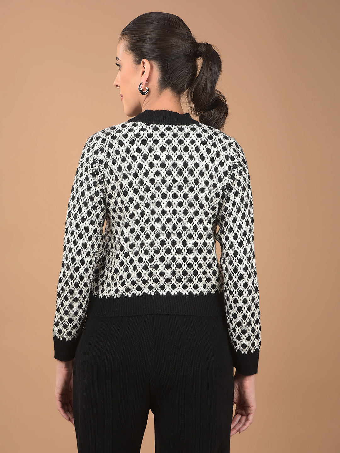 Black Jacquard Waist Length Cardigan-Women Cardigans-Crimsoune Club