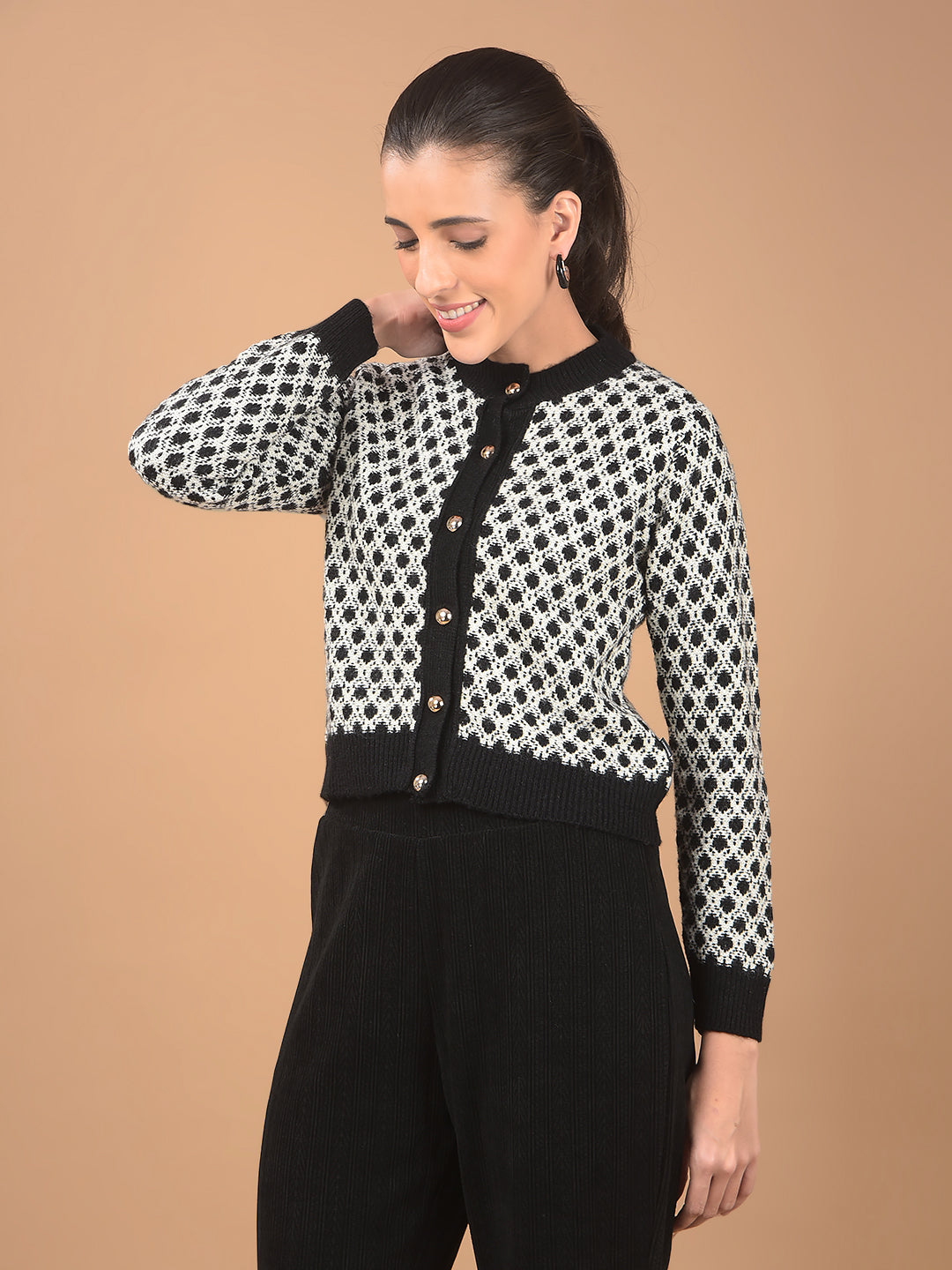 Black Jacquard Waist Length Cardigan-Women Cardigans-Crimsoune Club