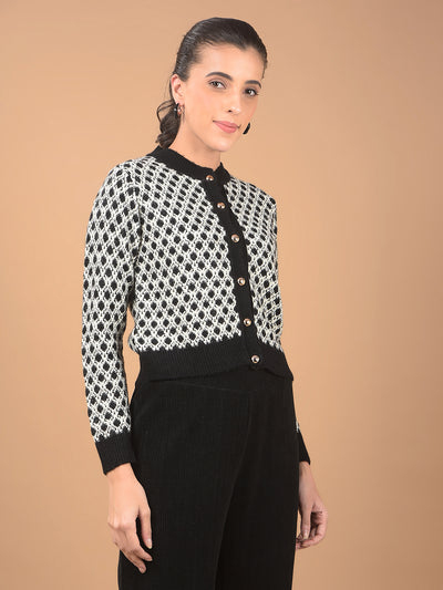 Black Jacquard Waist Length Cardigan-Women Cardigans-Crimsoune Club