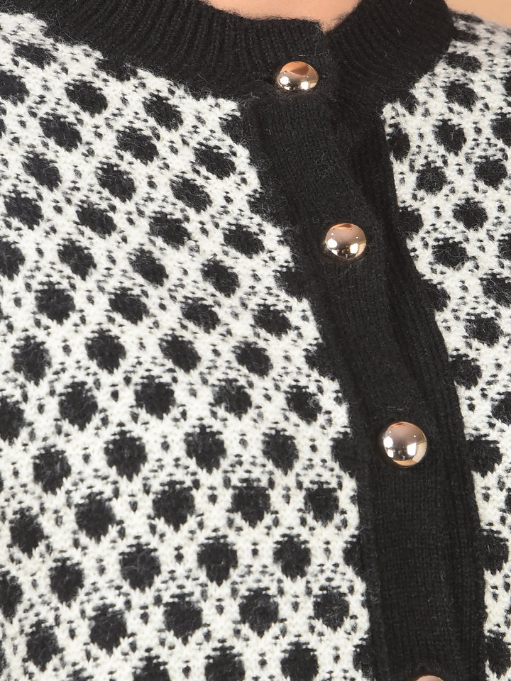 Black Jacquard Waist Length Cardigan-Women Cardigans-Crimsoune Club