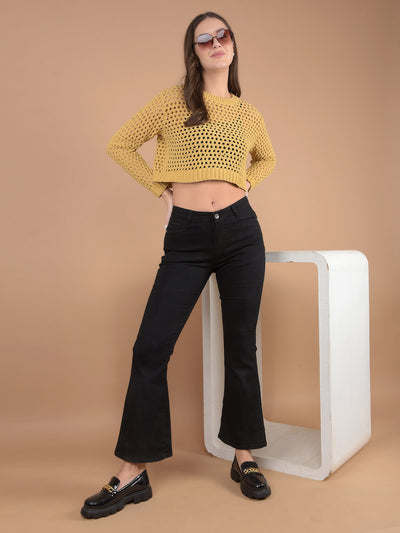 Mustard Crop Length Crochet Sweater-Women Sweaters-Crimsoune Club