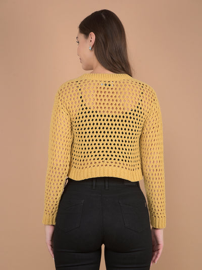 Mustard Crop Length Crochet Sweater-Women Sweaters-Crimsoune Club