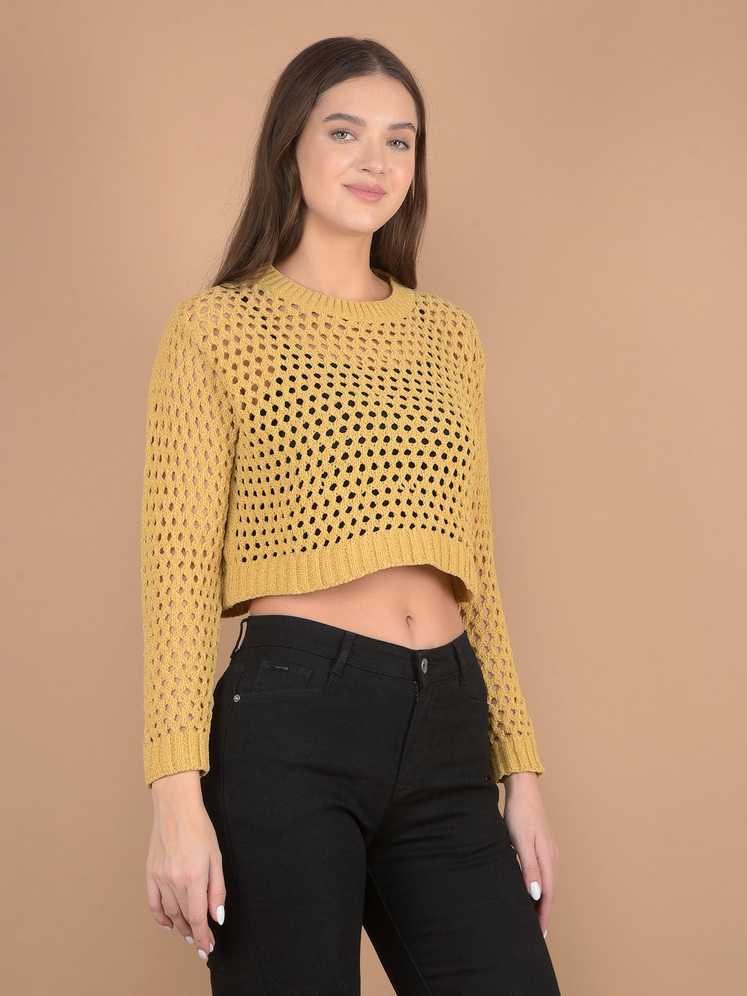 Mustard Crop Length Crochet Sweater-Women Sweaters-Crimsoune Club