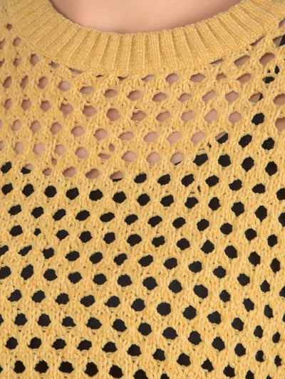 Mustard Crop Length Crochet Sweater-Women Sweaters-Crimsoune Club