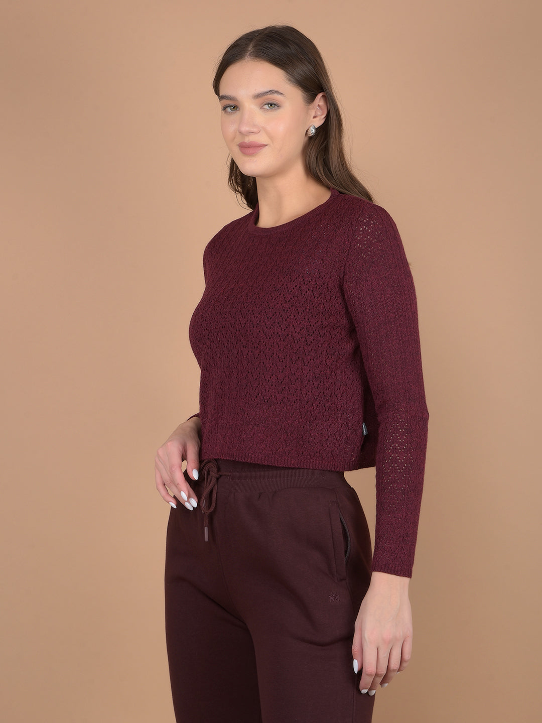 Wine Embroidered Crop Length Acrylic Sweater-Women Sweaters-Crimsoune Club
